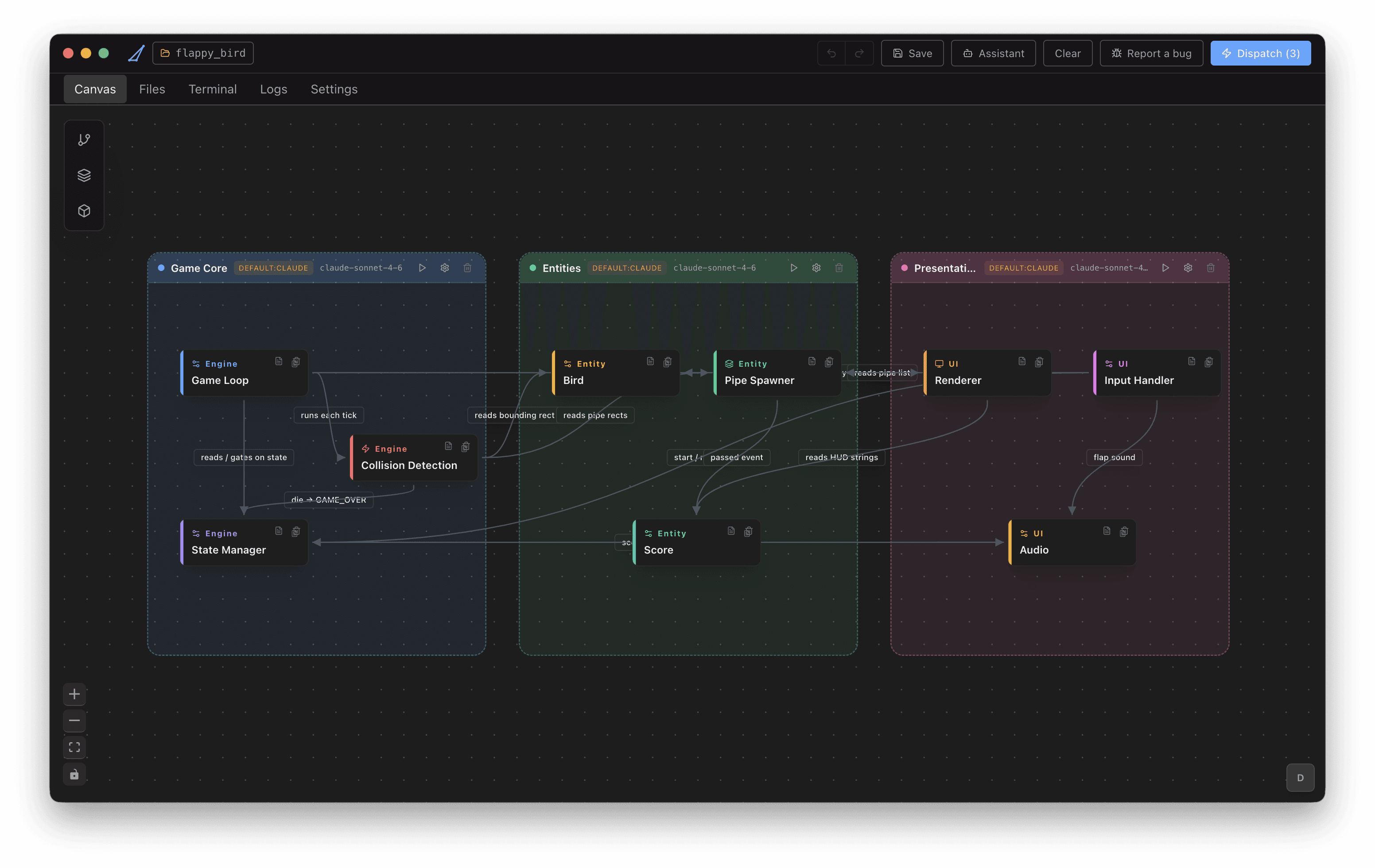 Architect canvas showing zones and components for a Flappy Bird project